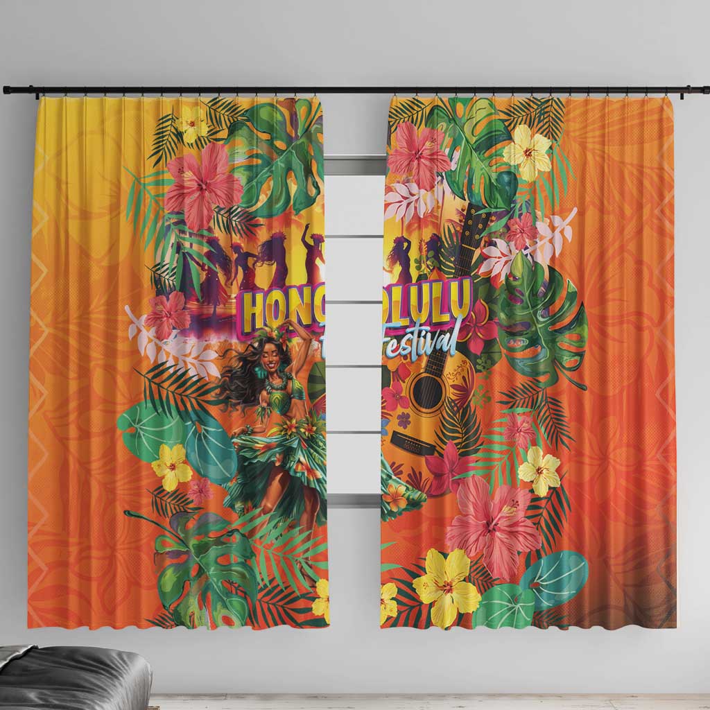 Hawaiian Honolulu Festival Window Curtain Hawaiian Identity - Hula Dancer and Ukulele Tropical Plants Style LT03 With Hooks Orange - Polynesian Pride