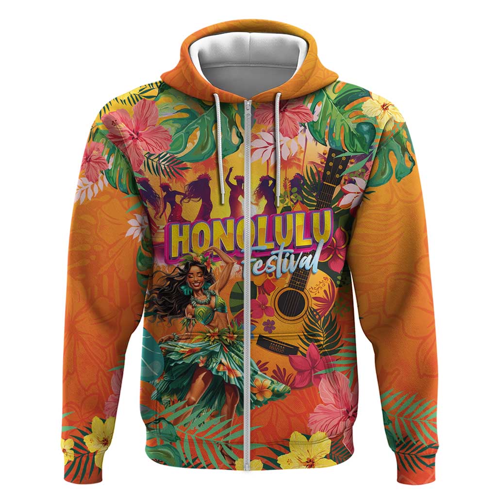 Hawaiian Honolulu Festival Zip Hoodie Hawaiian Identity - Hula Dancer and Ukulele Tropical Plants Style LT03 Zip Hoodie Orange - Polynesian Pride