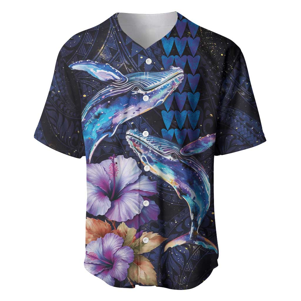 Hawaiian Whales Love Couple Baseball Jersey Hibiscus and Kakau Art Tattoo Night Sky Vibe