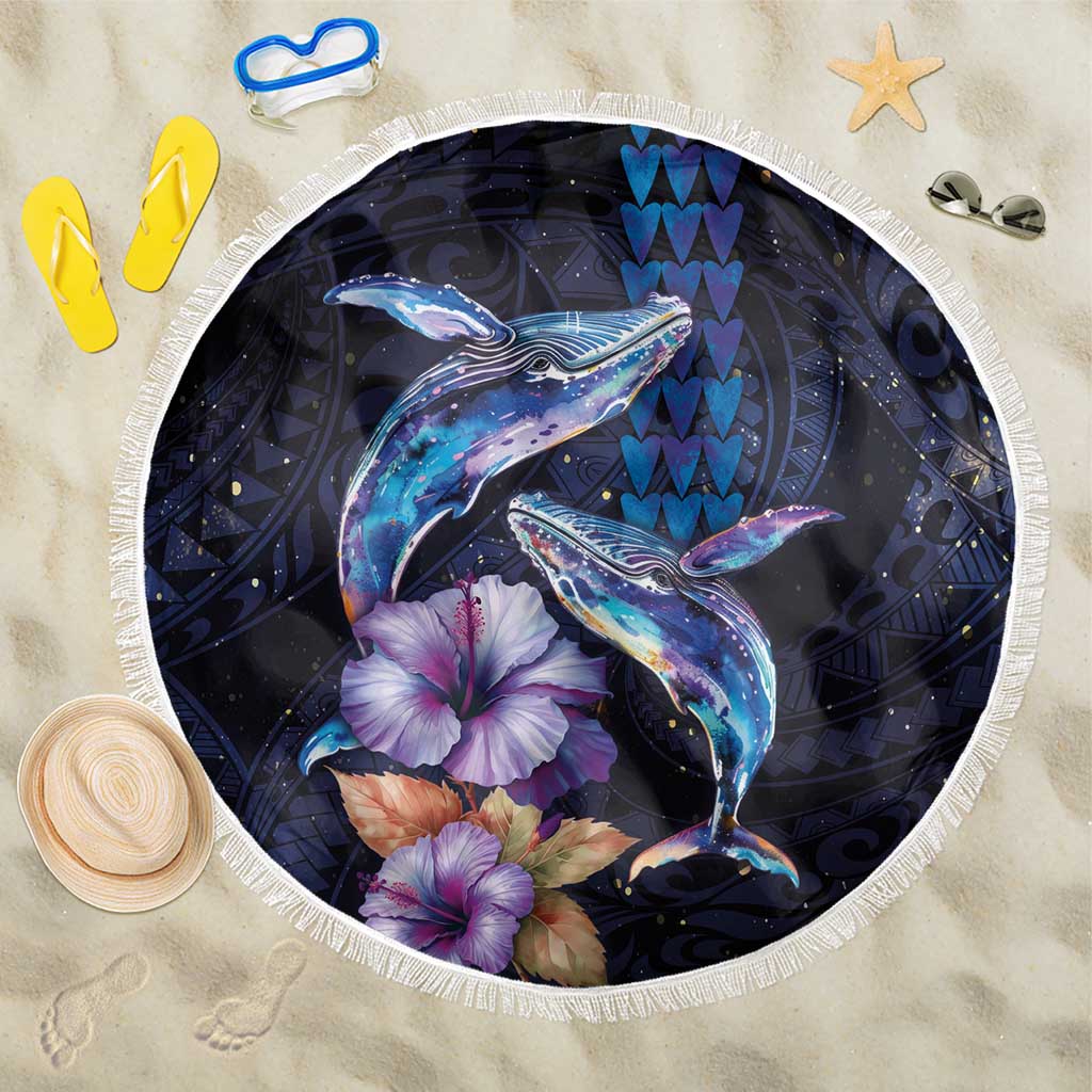 Hawaiian Whales Love Couple Beach Blanket Hibiscus and Kakau Art Tattoo Night Sky Vibe