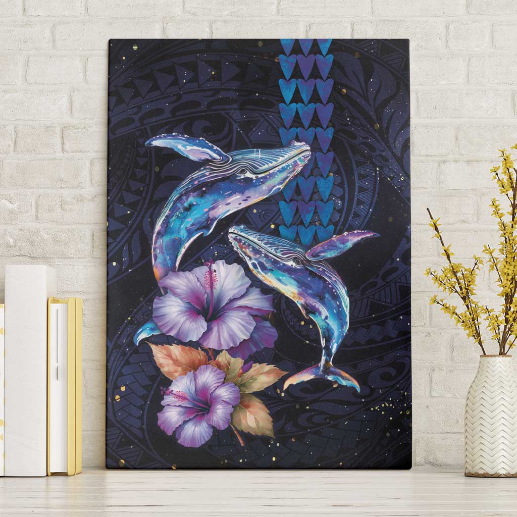 Hawaiian Whales Love Couple Canvas Wall Art Hibiscus and Kakau Art Tattoo Night Sky Vibe