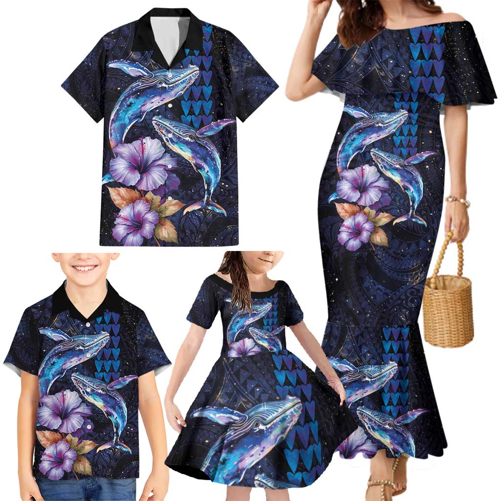 Hawaiian Whales Love Couple Family Matching Mermaid Dress and Hawaiian Shirt Hibiscus and Kakau Art Tattoo Night Sky Vibe