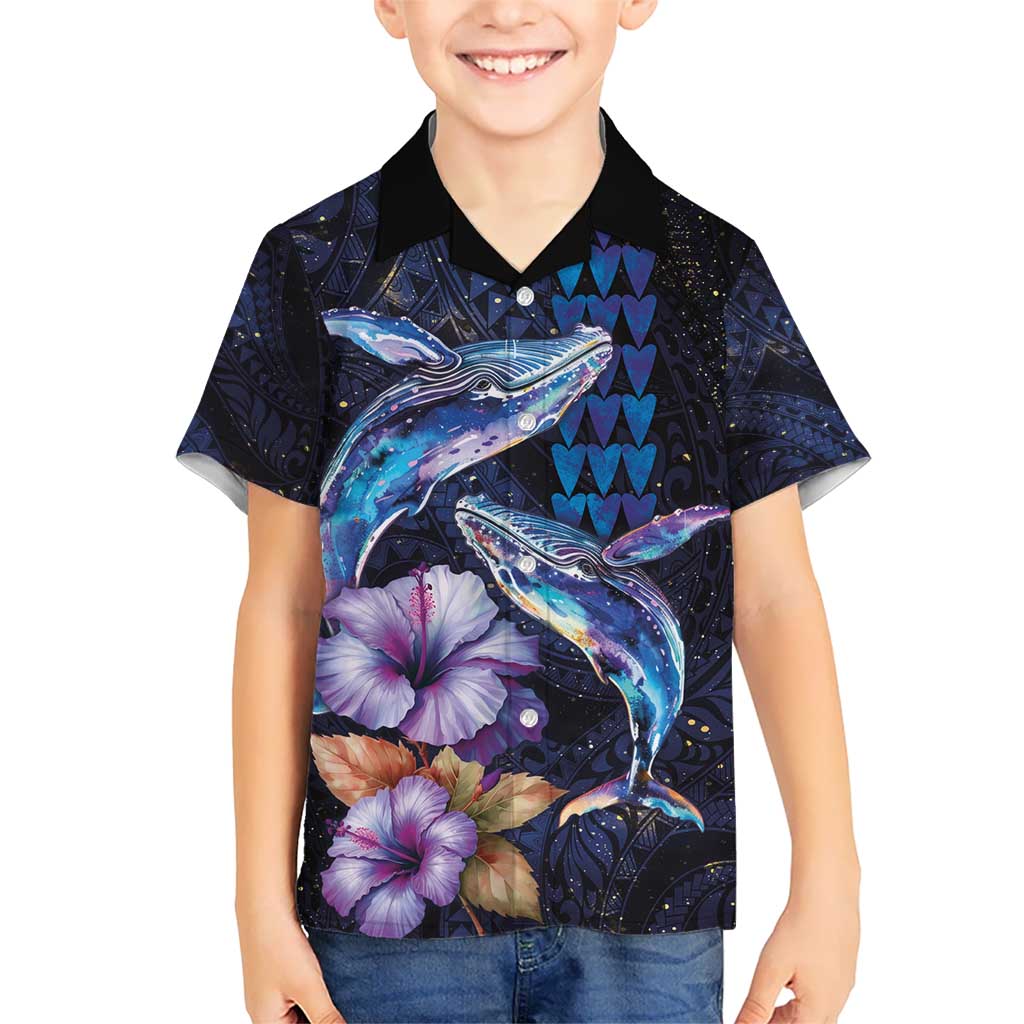 Hawaiian Whales Love Couple Kid Hawaiian Shirt Hibiscus and Kakau Art Tattoo Night Sky Vibe LT03 Kid Navy - Polynesian Pride