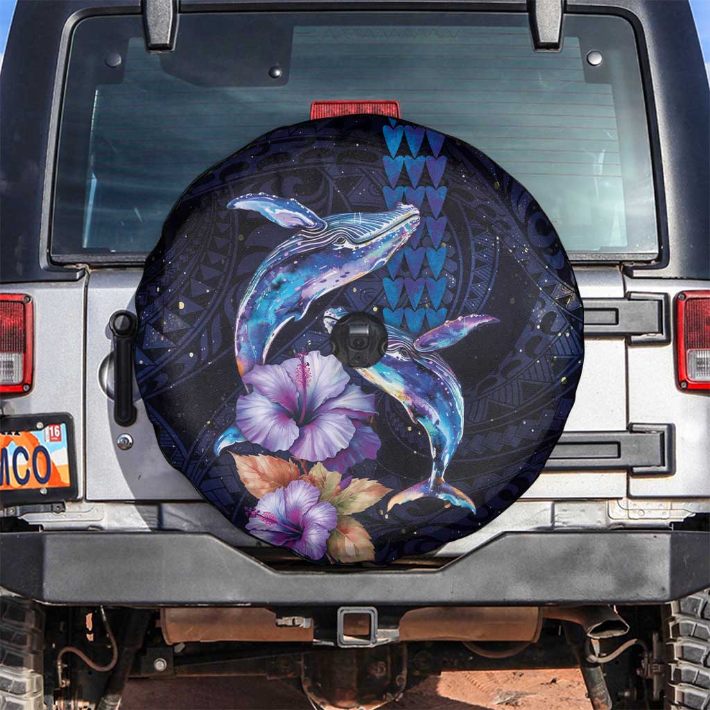 Hawaiian Whales Love Couple Spare Tire Cover Hibiscus and Kakau Art Tattoo Night Sky Vibe