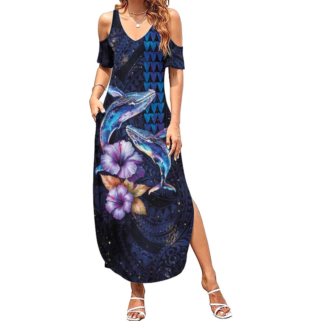 Hawaiian Whales Love Couple Summer Maxi Dress Hibiscus and Kakau Art Tattoo Night Sky Vibe LT03 Women Navy - Polynesian Pride