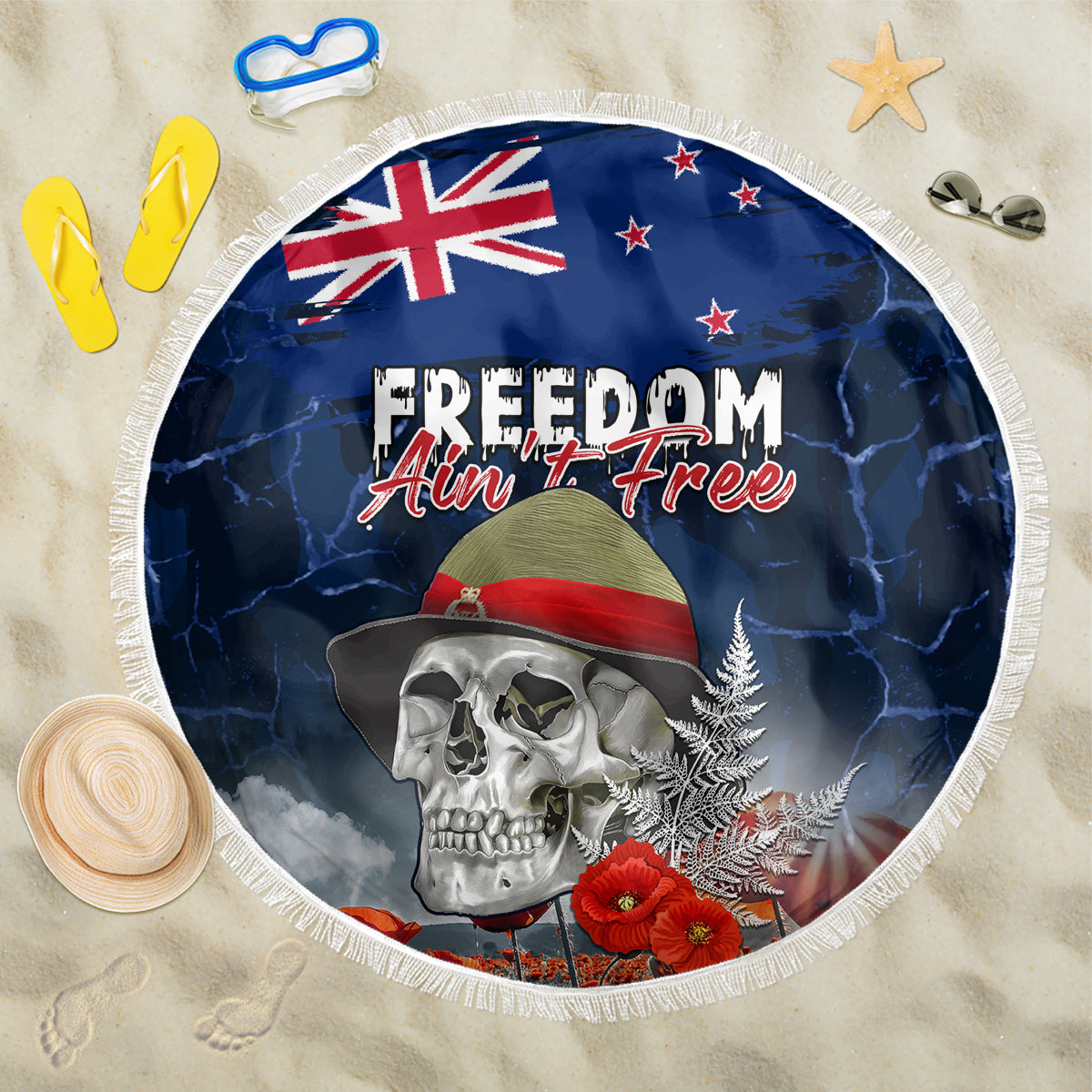 New Zealand ANZAC Day Beach Blanket Freedom Ain't Free LT05 One Size 150cm Blue - Polynesian Pride