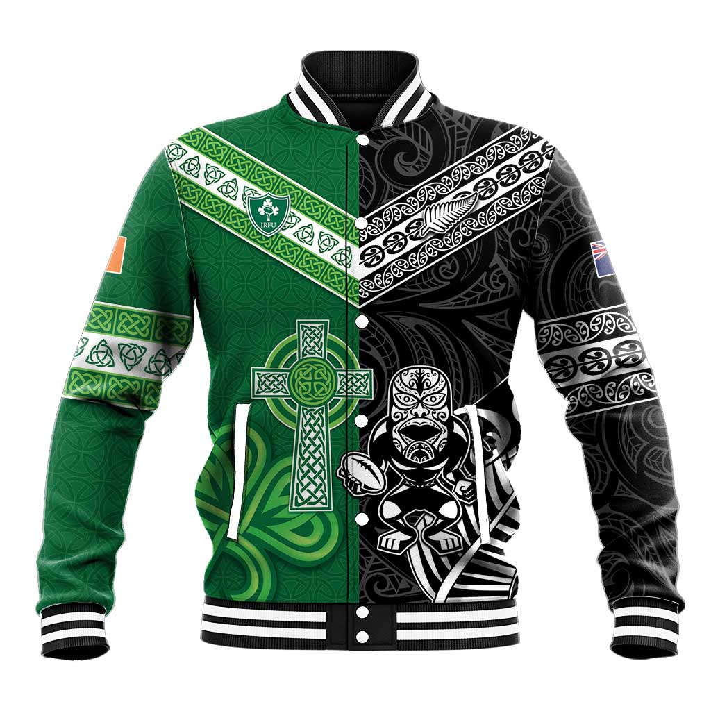 New Zealand And Ireland Rugby Custom Baseball Jacket Maori Tiki With Shamrock LT05 Unisex Black - Polynesian Pride