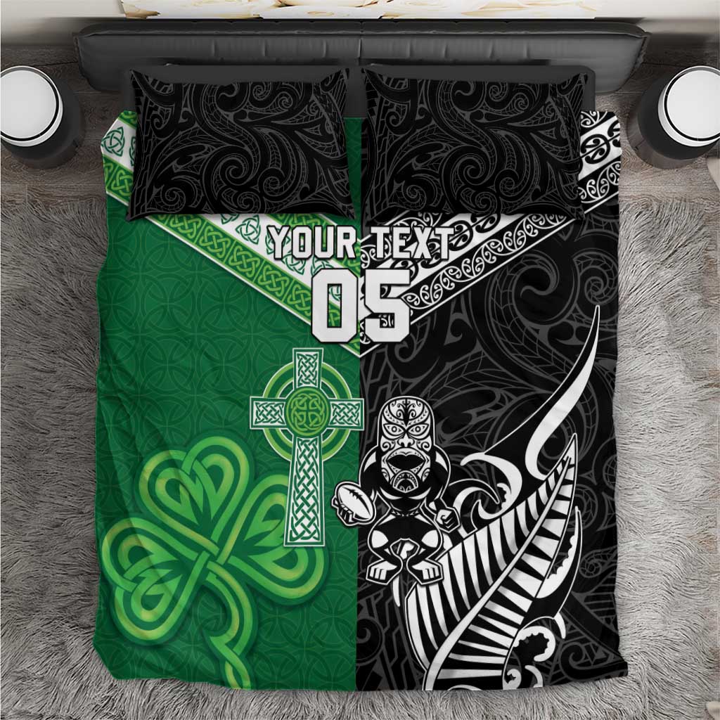 New Zealand And Ireland Rugby Custom Bedding Set Maori Tiki With Shamrock LT05 Black - Polynesian Pride