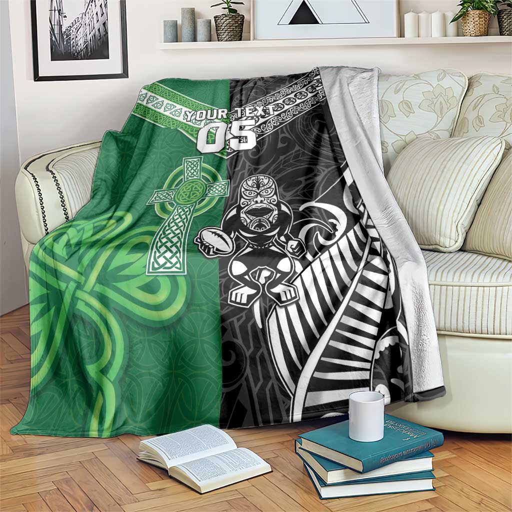 New Zealand And Ireland Rugby Custom Blanket Maori Tiki With Shamrock LT05 Black - Polynesian Pride