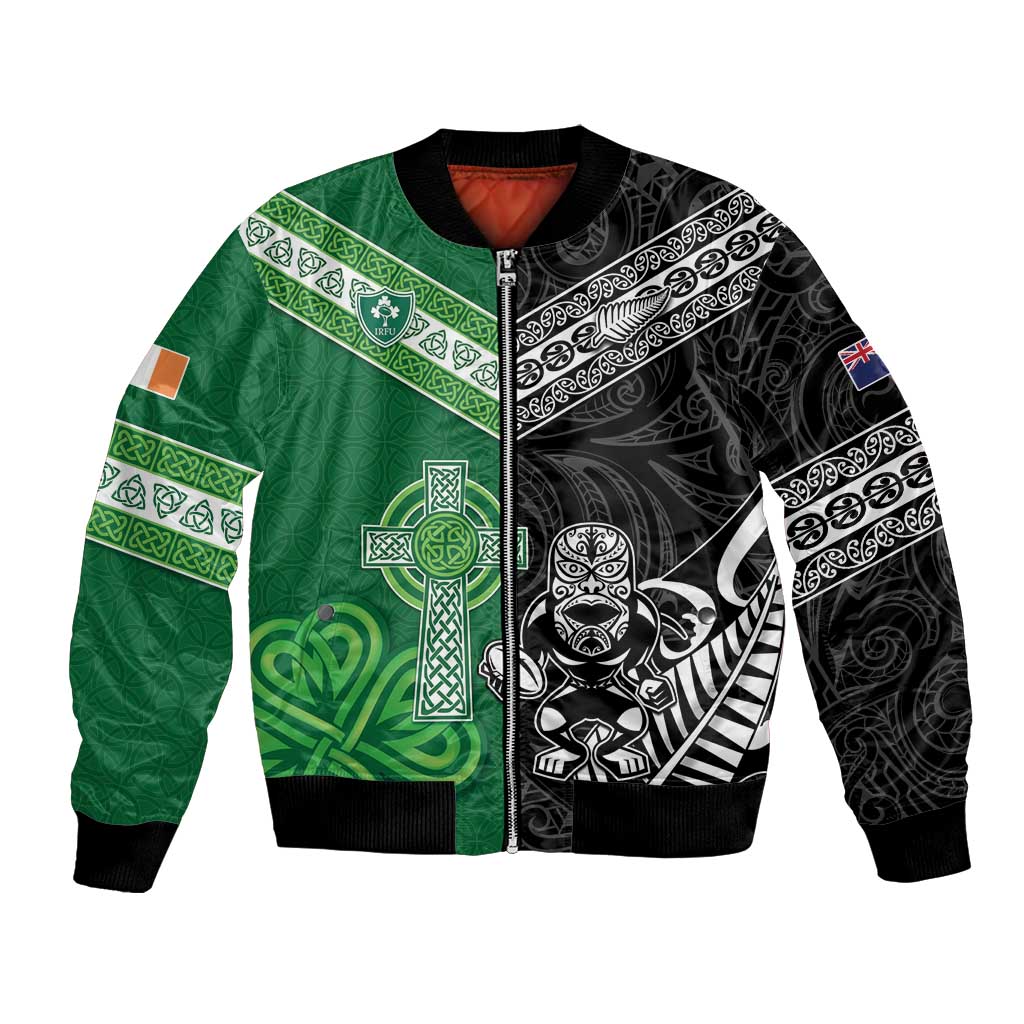 New Zealand And Ireland Rugby Custom Bomber Jacket Maori Tiki With Shamrock LT05 Unisex Black - Polynesian Pride