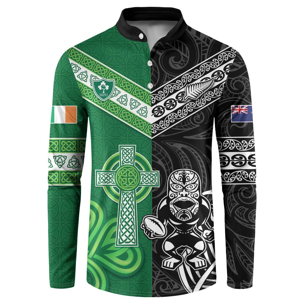 New Zealand And Ireland Rugby Custom Button Sweatshirt Maori Tiki With Shamrock LT05 Black - Polynesian Pride
