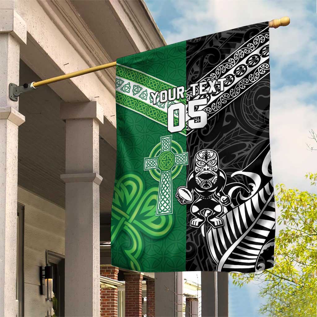 New Zealand And Ireland Rugby Custom Garden Flag Maori Tiki With Shamrock LT05 House Flag Black - Polynesian Pride