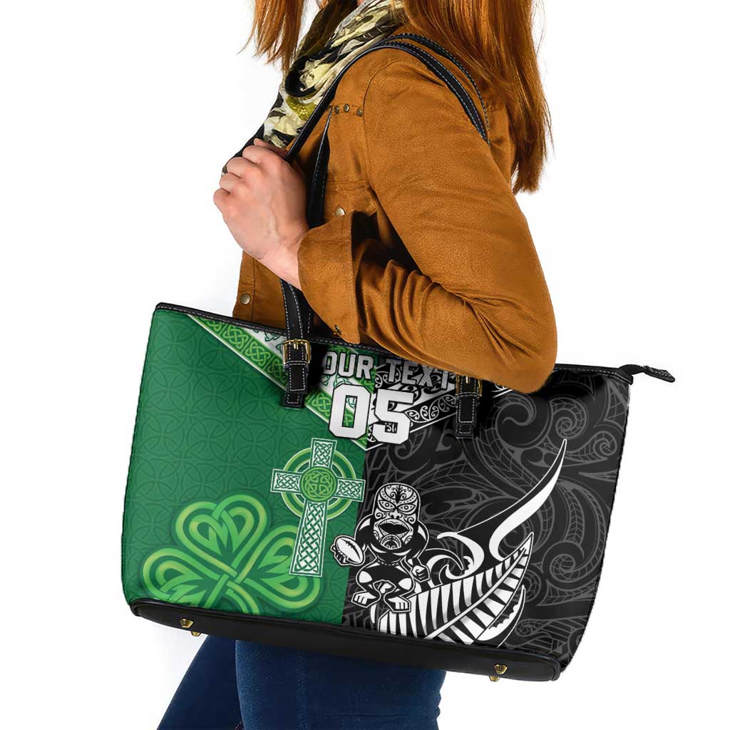 New Zealand And Ireland Rugby Custom Leather Tote Bag Maori Tiki With Shamrock LT05 Black - Polynesian Pride