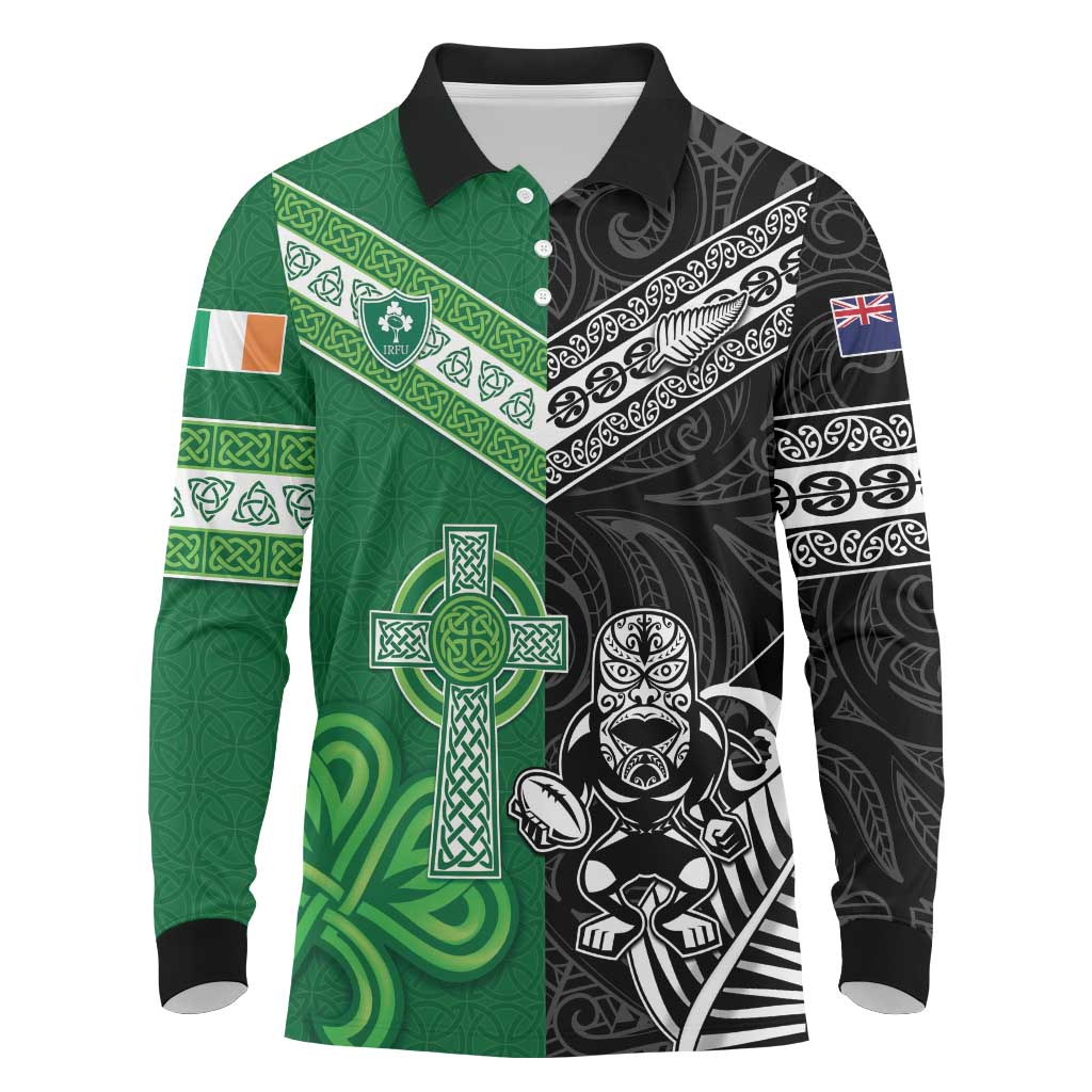 New Zealand And Ireland Rugby Custom Long Sleeve Polo Shirt Maori Tiki With Shamrock LT05 Black - Polynesian Pride