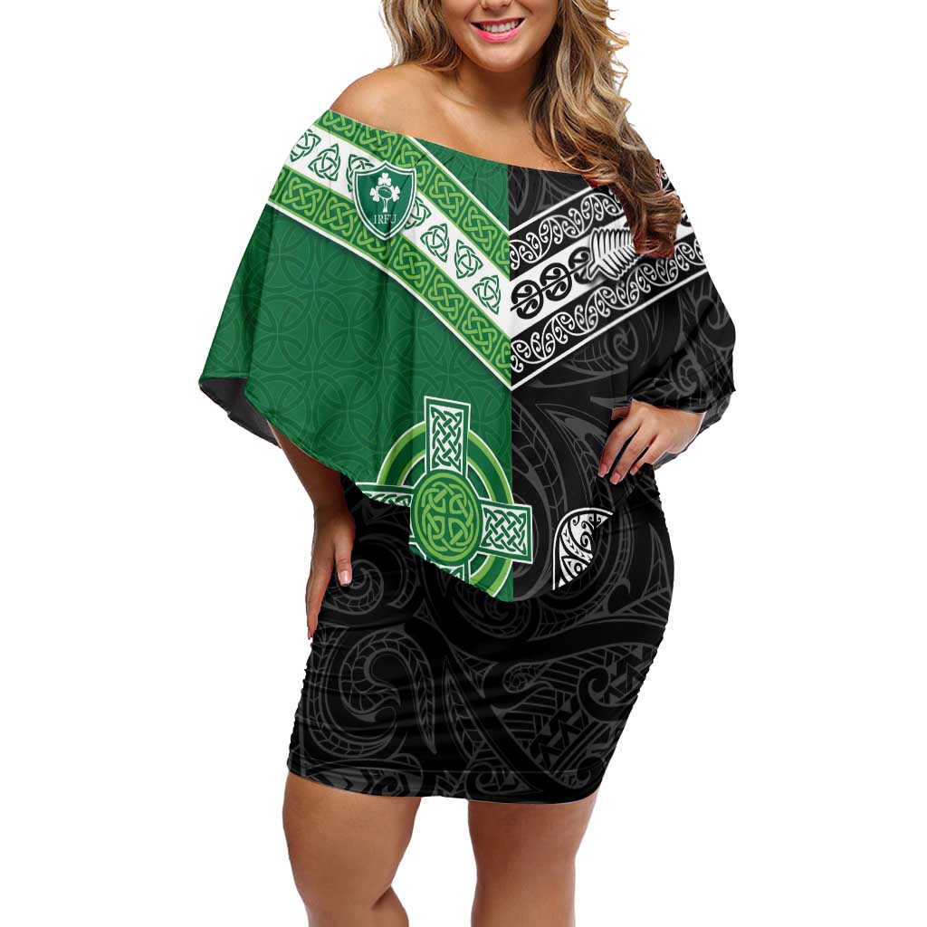 New Zealand And Ireland Rugby Custom Off Shoulder Short Dress Maori Tiki With Shamrock LT05 Women Black - Polynesian Pride
