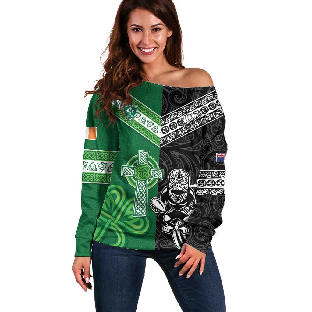 New Zealand And Ireland Rugby Custom Off Shoulder Sweater Maori Tiki With Shamrock LT05 Women Black - Polynesian Pride