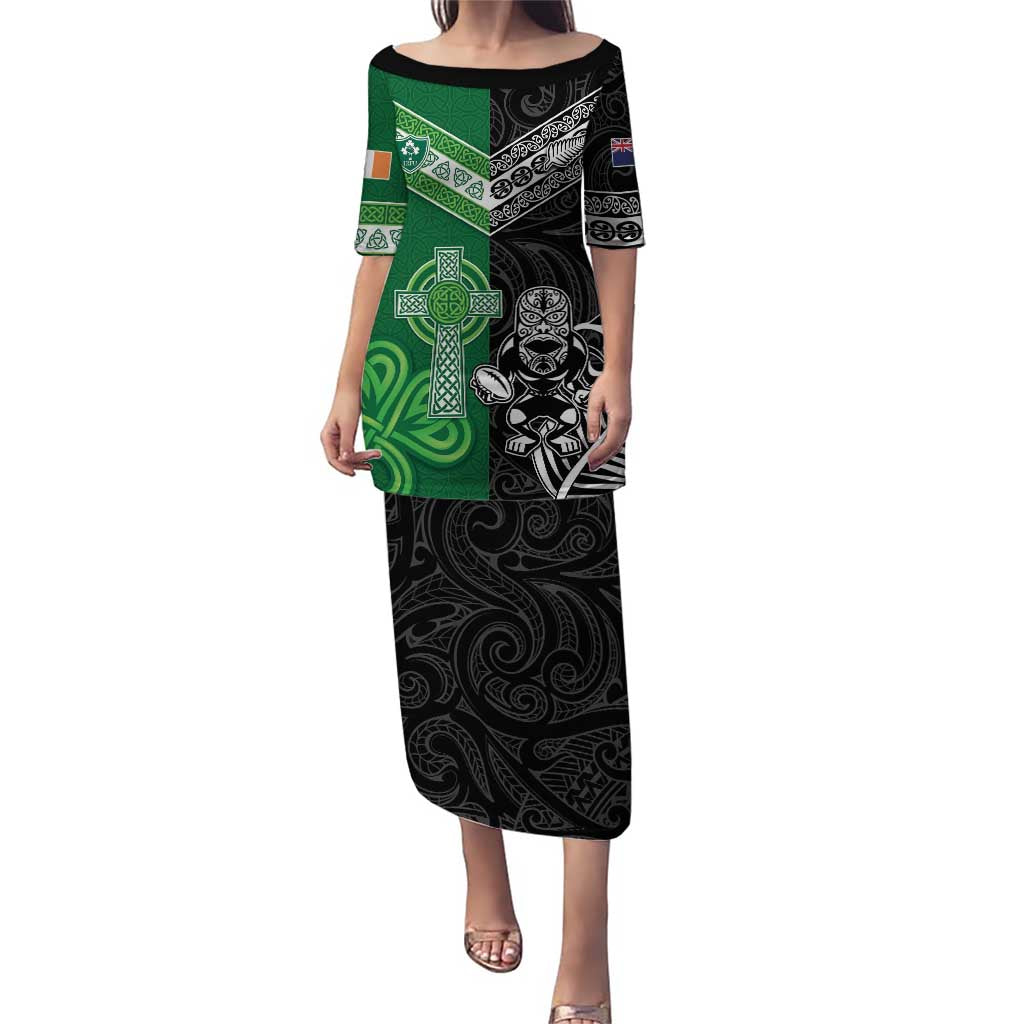 New Zealand And Ireland Rugby Custom Puletasi Maori Tiki With Shamrock LT05 Long Dress Black - Polynesian Pride