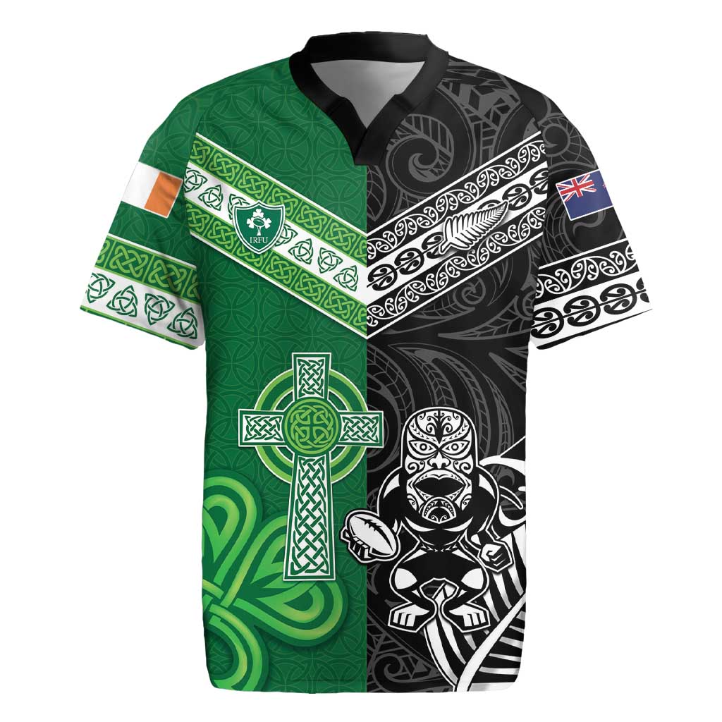 New Zealand And Ireland Rugby Custom Rugby Jersey Maori Tiki With Shamrock LT05 Black - Polynesian Pride