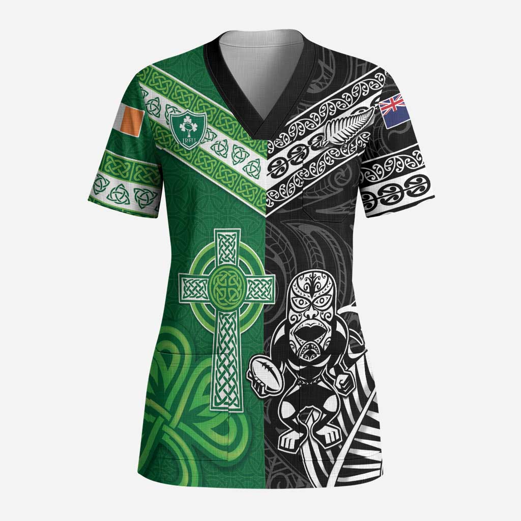 New Zealand And Ireland Rugby Custom Scrub Top Maori Tiki With Shamrock LT05 Adult Black - Polynesian Pride