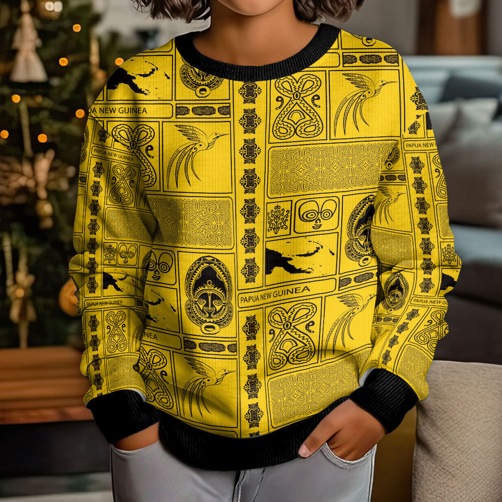 Papua New Guinea Heritage Motif Kid Ugly Christmas Sweater Yellow Version LT05 - Polynesian Pride