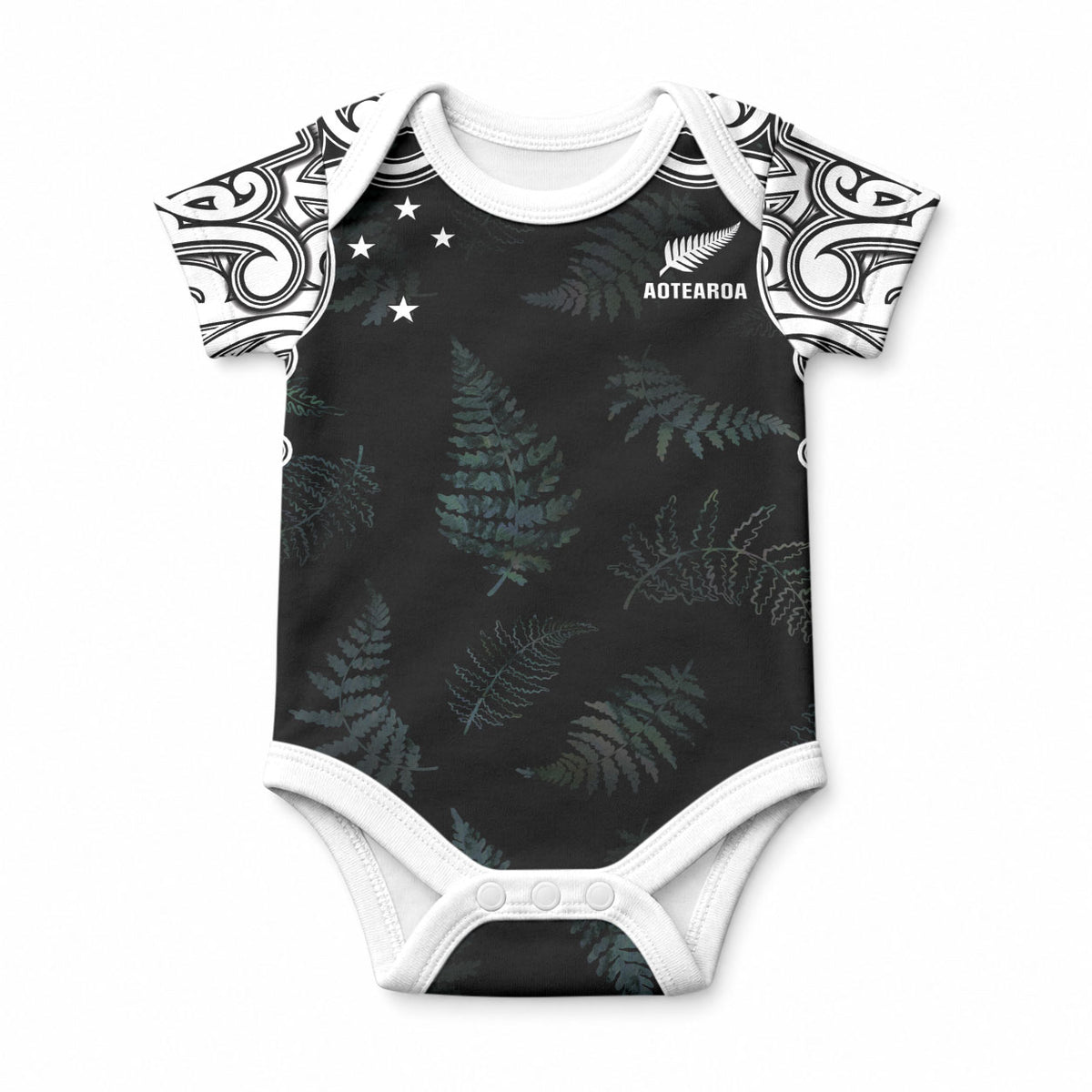 Custom New Zealand Fern Women Rugby Baby Onesie Maori Pattern LT05 Black - Polynesian Pride