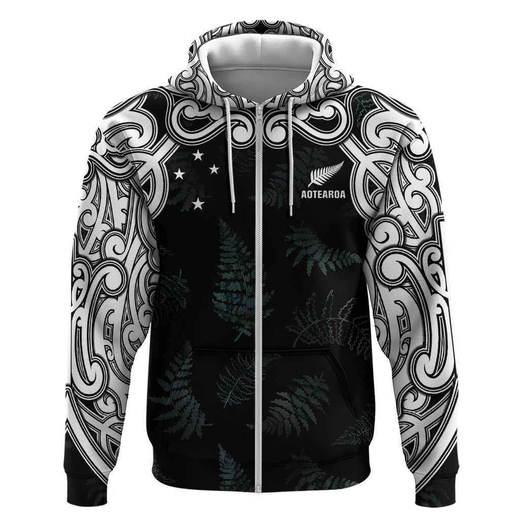 Custom New Zealand Fern Women Rugby Hoodie Maori Pattern LT05 Zip Hoodie Black - Polynesian Pride