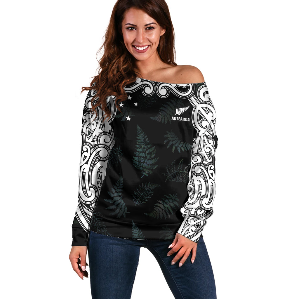 Custom New Zealand Fern Women Rugby Off Shoulder Sweater Maori Pattern LT05 Women Black - Polynesian Pride
