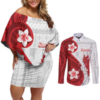 Samoa Teuila 2024 Couples Matching Off Shoulder Short Dress and Long Sleeve Button Shirt Samoan Siapo Pattern Red Version LT05 Red - Polynesian Pride