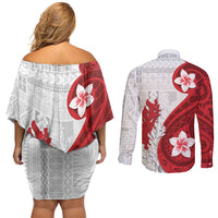 Samoa Teuila 2024 Couples Matching Off Shoulder Short Dress and Long Sleeve Button Shirt Samoan Siapo Pattern Red Version LT05 - Polynesian Pride