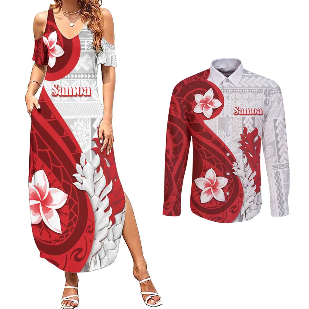 Samoa Teuila 2024 Couples Matching Summer Maxi Dress and Long Sleeve Button Shirt Samoan Siapo Pattern Red Version LT05 Red - Polynesian Pride
