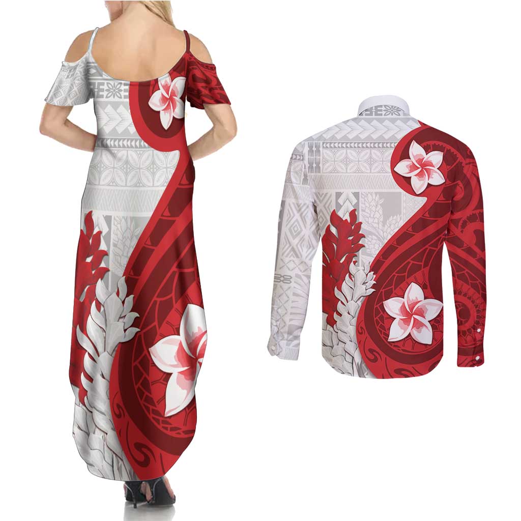 Samoa Teuila 2024 Couples Matching Summer Maxi Dress and Long Sleeve Button Shirt Samoan Siapo Pattern Red Version LT05 - Polynesian Pride