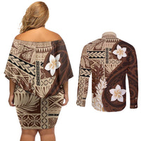 Samoa Teuila 2024 Couples Matching Off Shoulder Short Dress and Long Sleeve Button Shirt Samoan Siapo Pattern Brown Version LT05 - Polynesian Pride