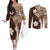 Samoa Teuila 2024 Couples Matching Off The Shoulder Long Sleeve Dress and Long Sleeve Button Shirt Samoan Siapo Pattern Brown Version