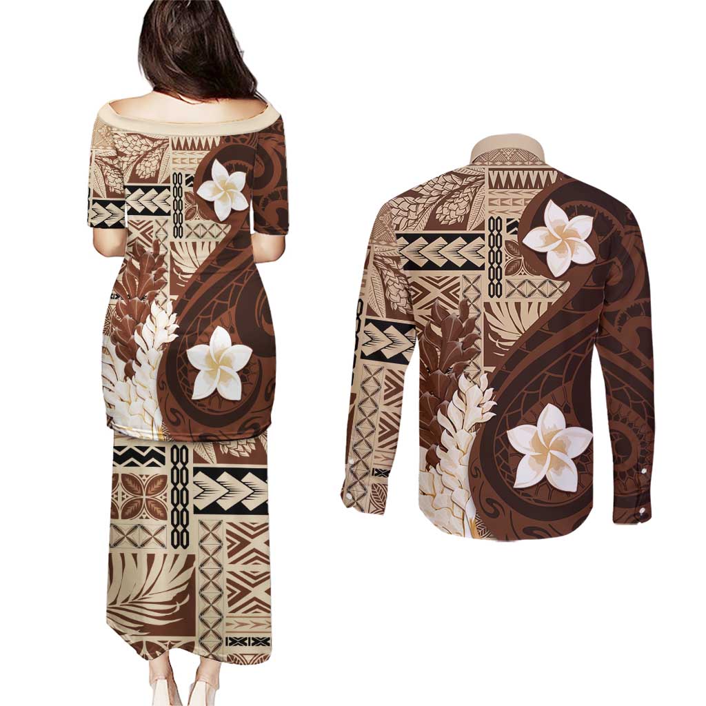 Samoa Teuila 2024 Couples Matching Puletasi and Long Sleeve Button Shirt Samoan Siapo Pattern Brown Version LT05 - Polynesian Pride