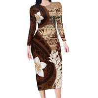 Samoa Teuila 2024 Long Sleeve Bodycon Dress Samoan Siapo Pattern Brown Version LT05 Long Dress Brown - Polynesian Pride