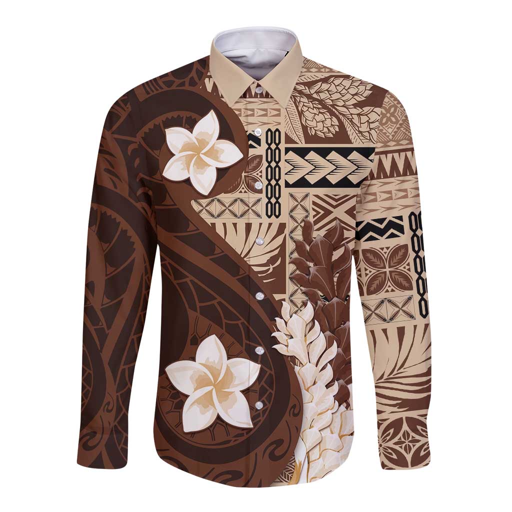 Samoa Teuila 2024 Long Sleeve Button Shirt Samoan Siapo Pattern Brown Version LT05 Unisex Brown - Polynesian Pride