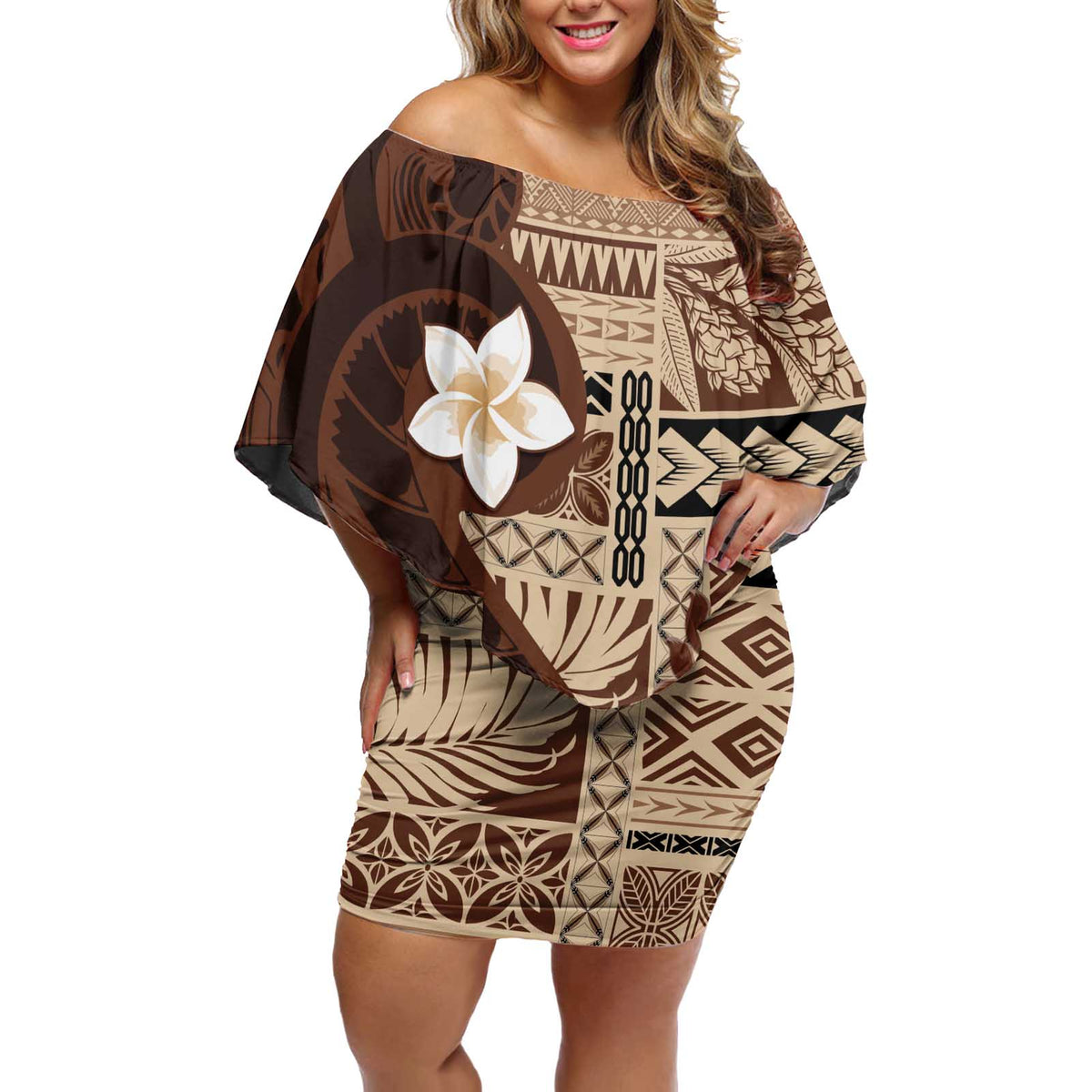 Samoa Teuila 2024 Off Shoulder Short Dress Samoan Siapo Pattern Brown Version LT05 Women Brown - Polynesian Pride