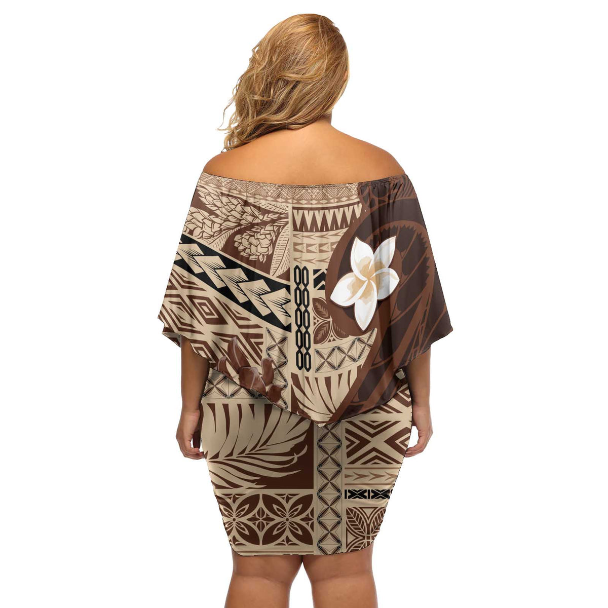 Samoa Teuila 2024 Off Shoulder Short Dress Samoan Siapo Pattern Brown Version LT05 - Polynesian Pride