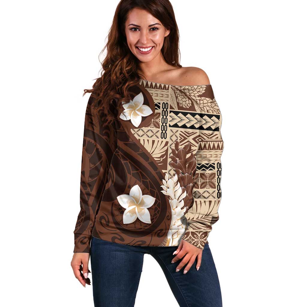 Samoa Teuila 2024 Off Shoulder Sweater Samoan Siapo Pattern Brown Version LT05 Women Brown - Polynesian Pride