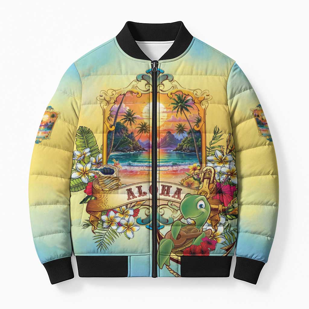 Aloha Hawaii Turtle Bomber Puffer Jacket Retro Style LT05 Unisex Beige - Polynesian Pride