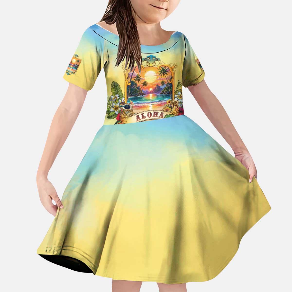 Aloha Hawaii Turtle Kid Short Sleeve Dress Retro Style LT05 KID Beige - Polynesian Pride