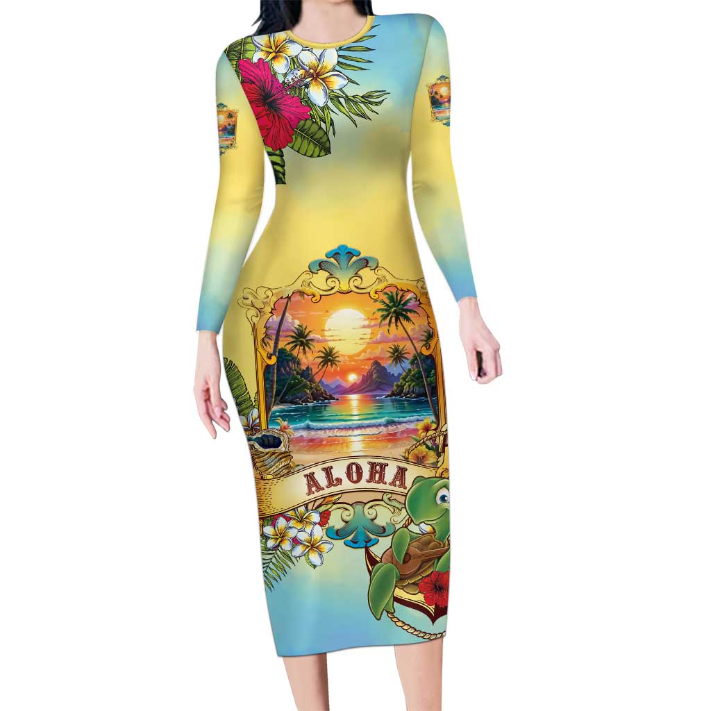 Aloha Hawaii Turtle Long Sleeve Bodycon Dress Retro Style LT05 Long Dress Beige - Polynesian Pride