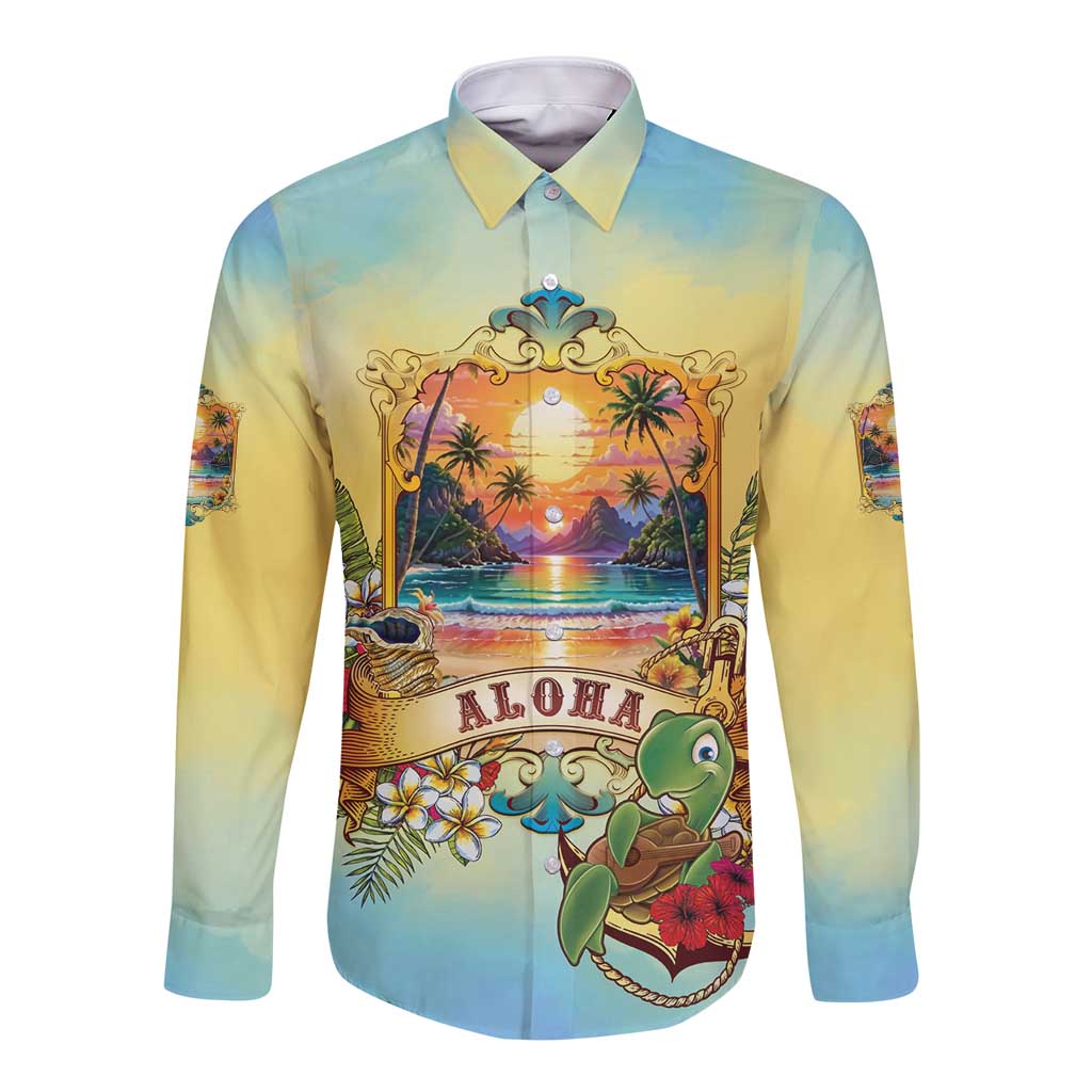 Aloha Hawaii Turtle Long Sleeve Button Shirt Retro Style LT05 Unisex Beige - Polynesian Pride