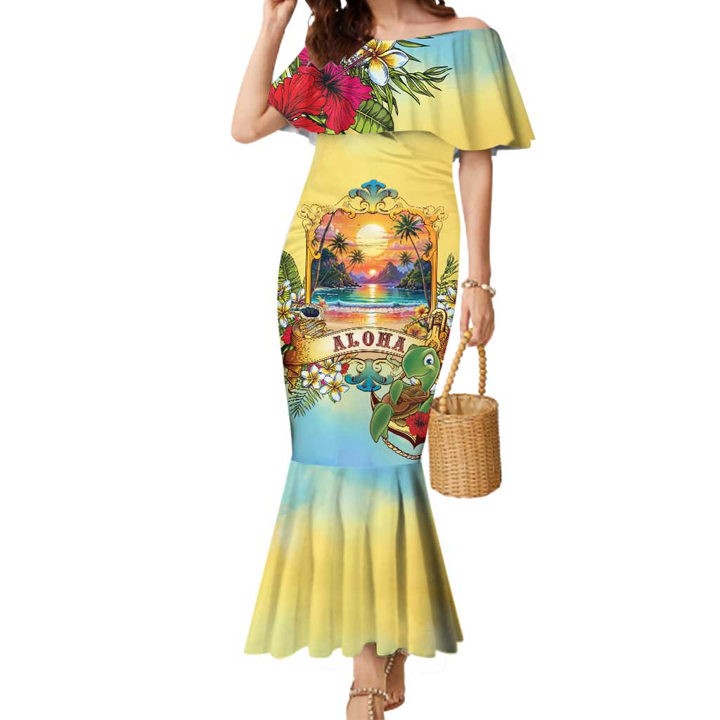 Aloha Hawaii Turtle Mermaid Dress Retro Style LT05 Women Beige - Polynesian Pride