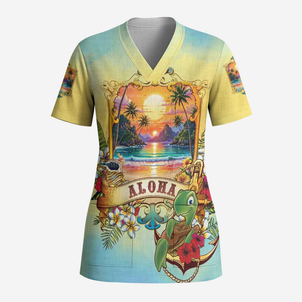 Aloha Hawaii Turtle Scrub Top Retro Style LT05 Adult Beige - Polynesian Pride