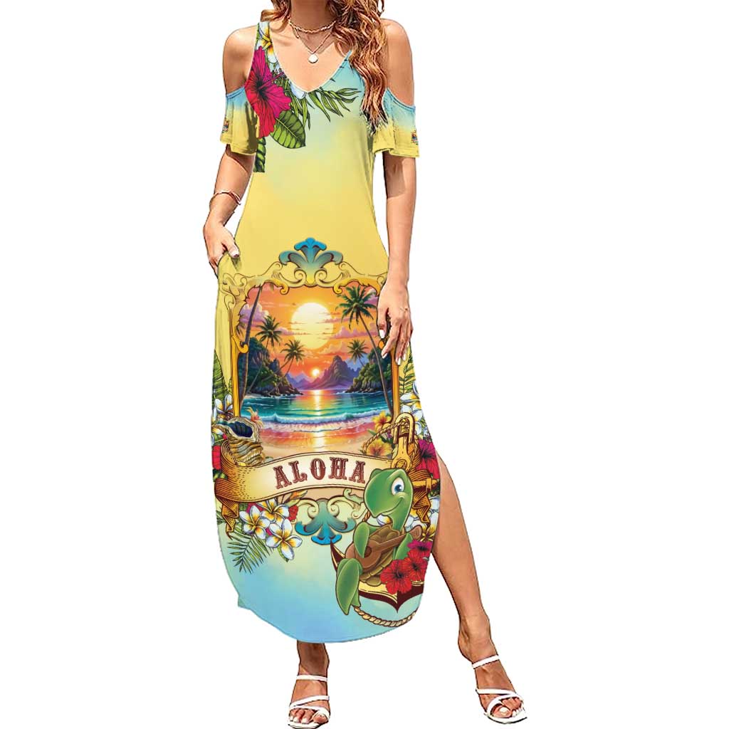 Aloha Hawaii Turtle Summer Maxi Dress Retro Style LT05 Women Beige - Polynesian Pride