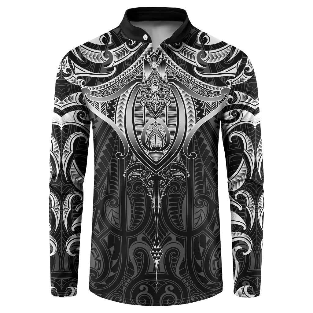 New Zealand Aotearoa Button Sweatshirt Maori Manta Ray Moko Black LT05 Black - Polynesian Pride