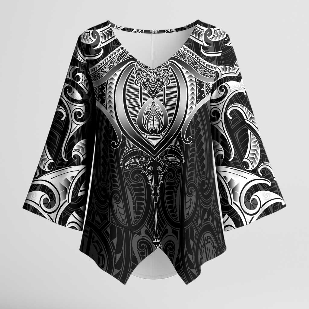 New Zealand Aotearoa Kimono Sleeve Blouse Maori Manta Ray Moko Black LT05 Female Black - Polynesian Pride