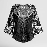 New Zealand Aotearoa Kimono Sleeve Blouse Maori Manta Ray Moko Black LT05 - Polynesian Pride