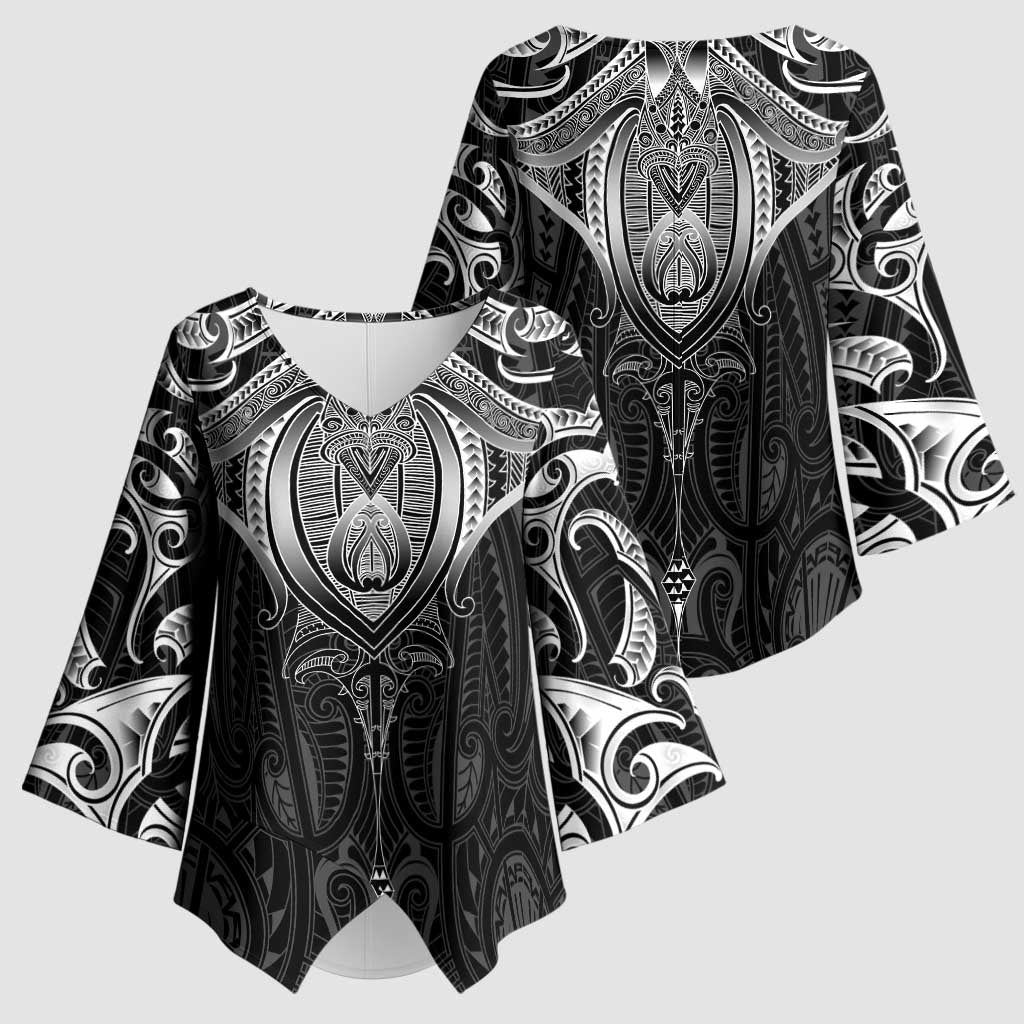 New Zealand Aotearoa Kimono Sleeve Blouse Maori Manta Ray Moko Black LT05 - Polynesian Pride